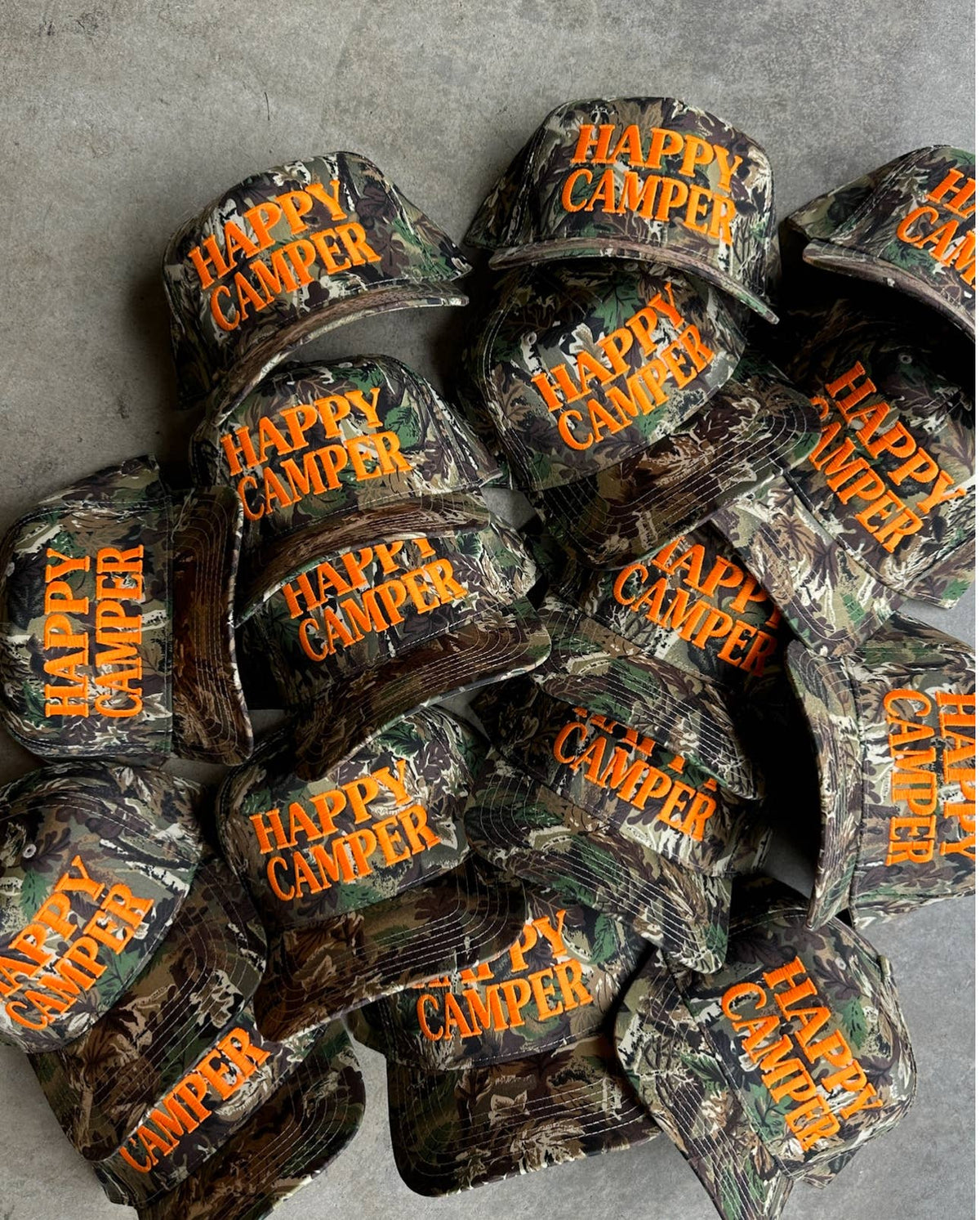 Happy Camper Camo hat: Neon orange