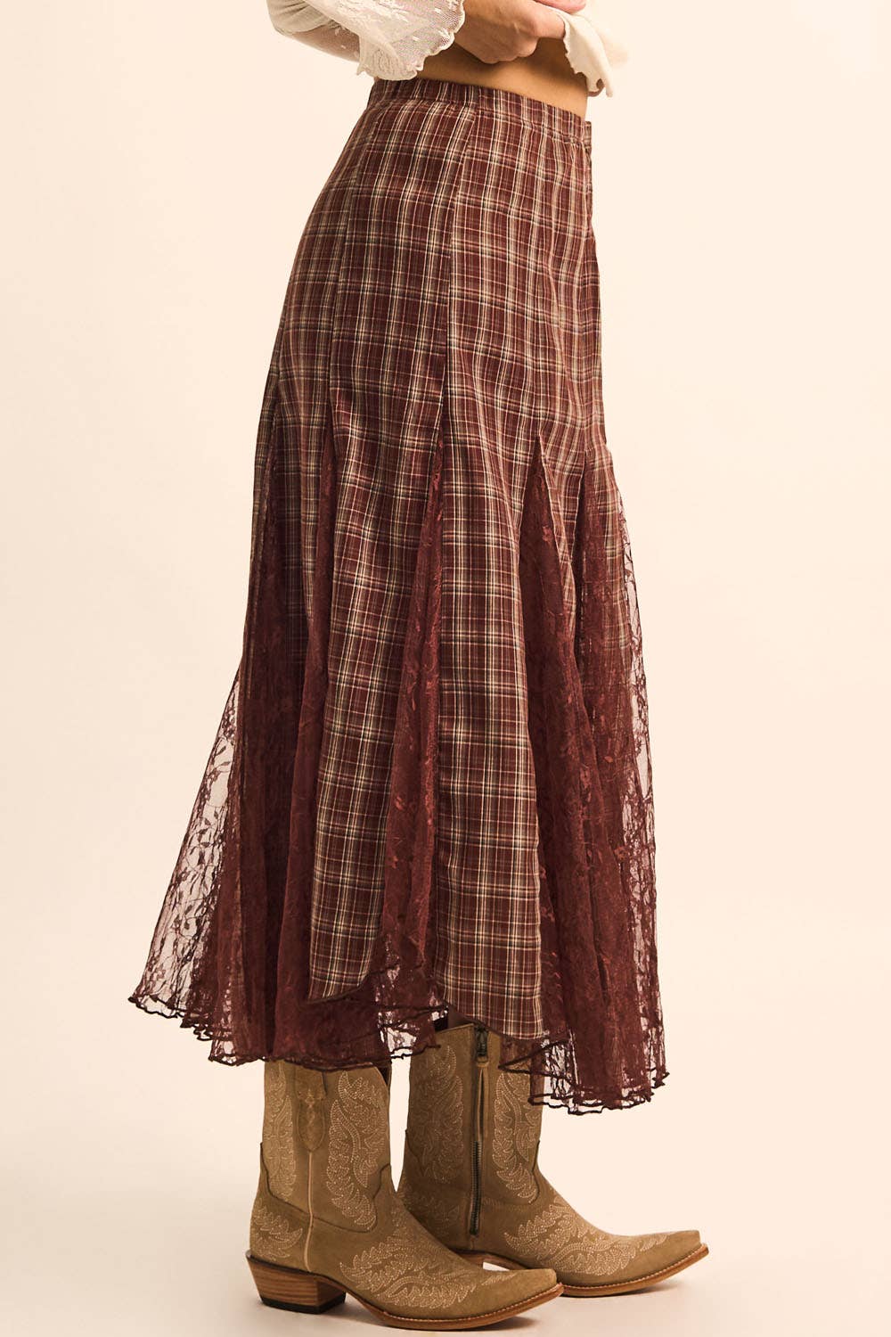 Plaid and Lace Godet Pleated A-Line High-Waist Maxi Skirt: Chocolate / S