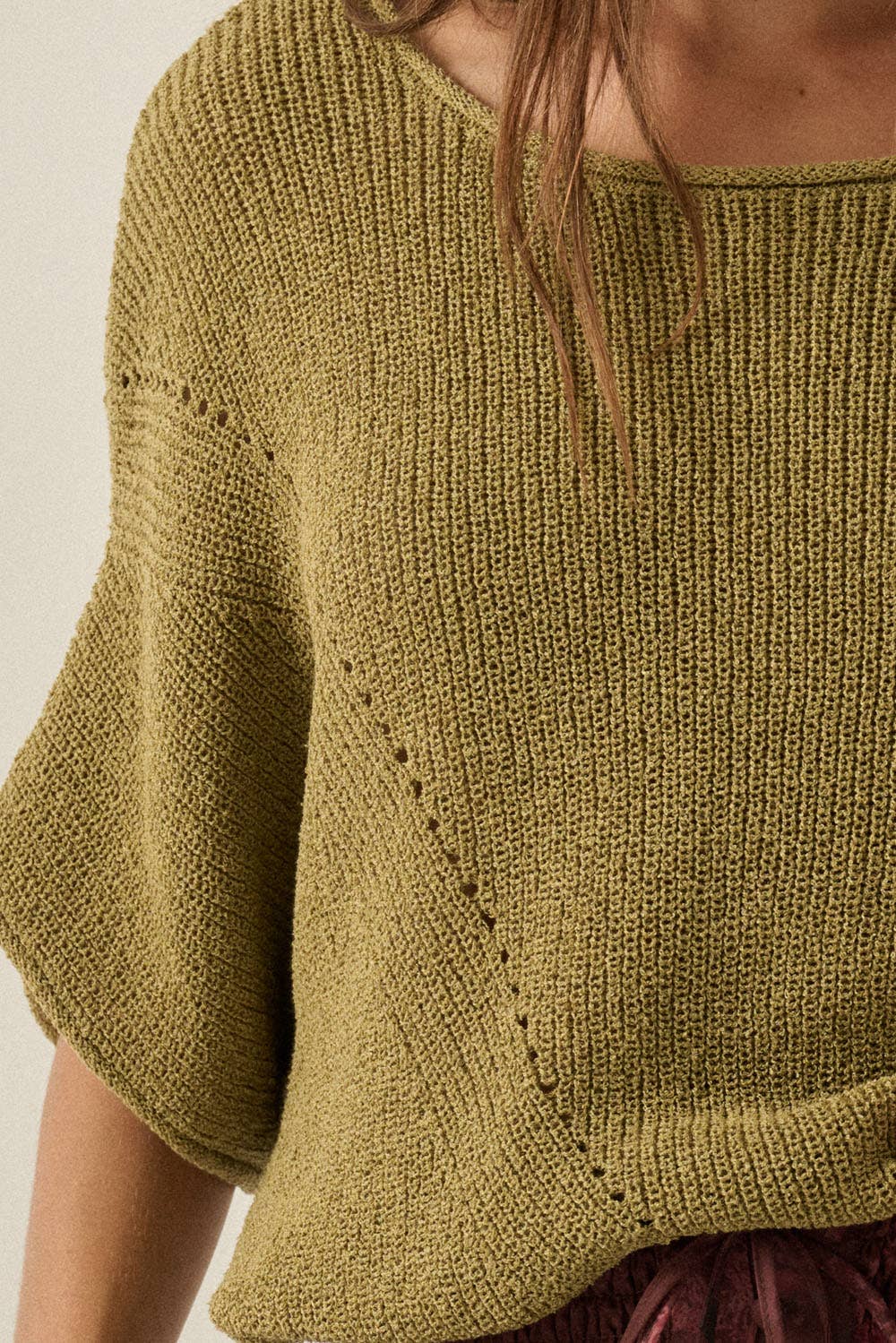Short-Sleeve Pointelle Ribbed Knit Sweater: Mulberry / M