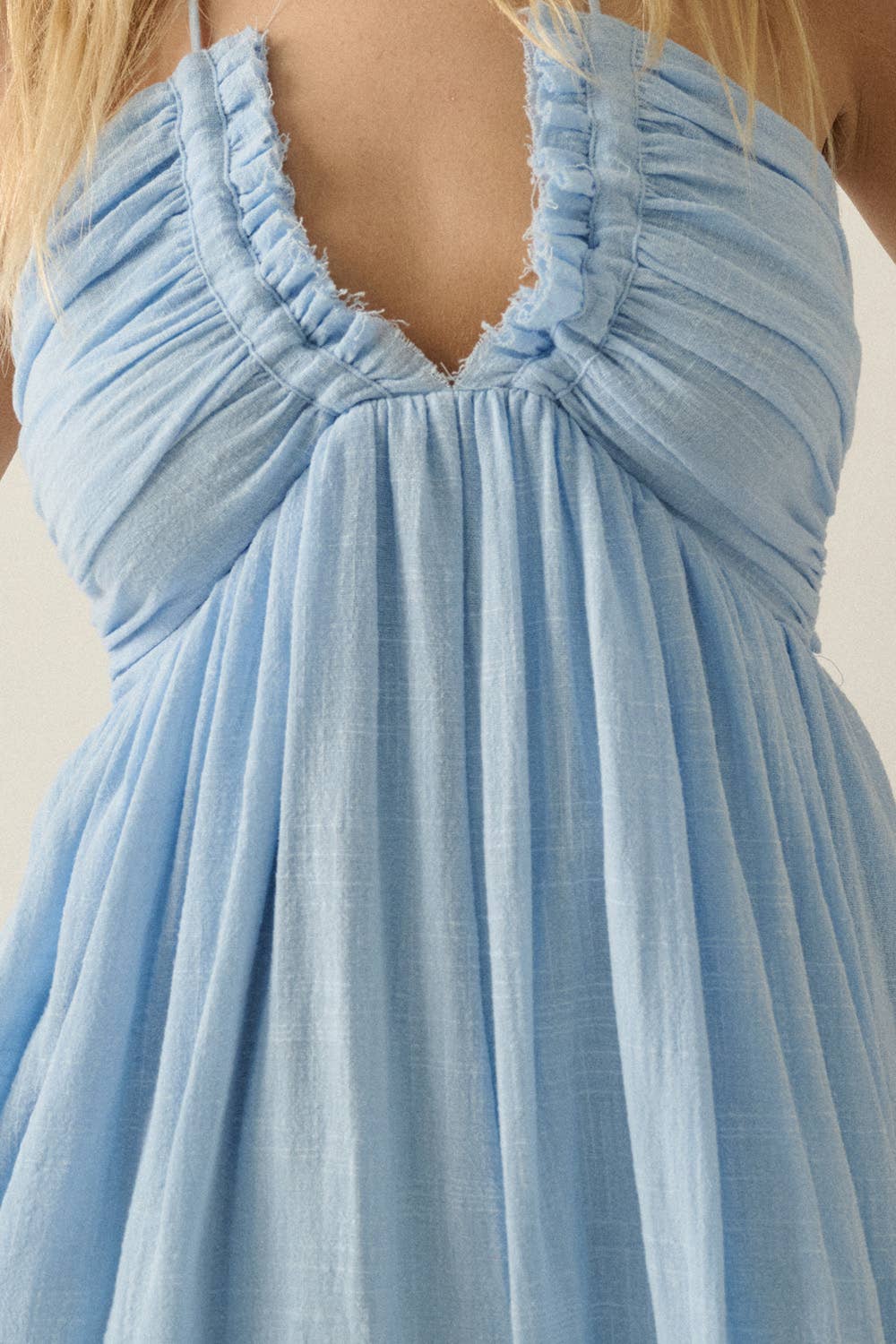 Cotton Gauze Tie-Back Halter Pocket Maxi Dress: Stone / L