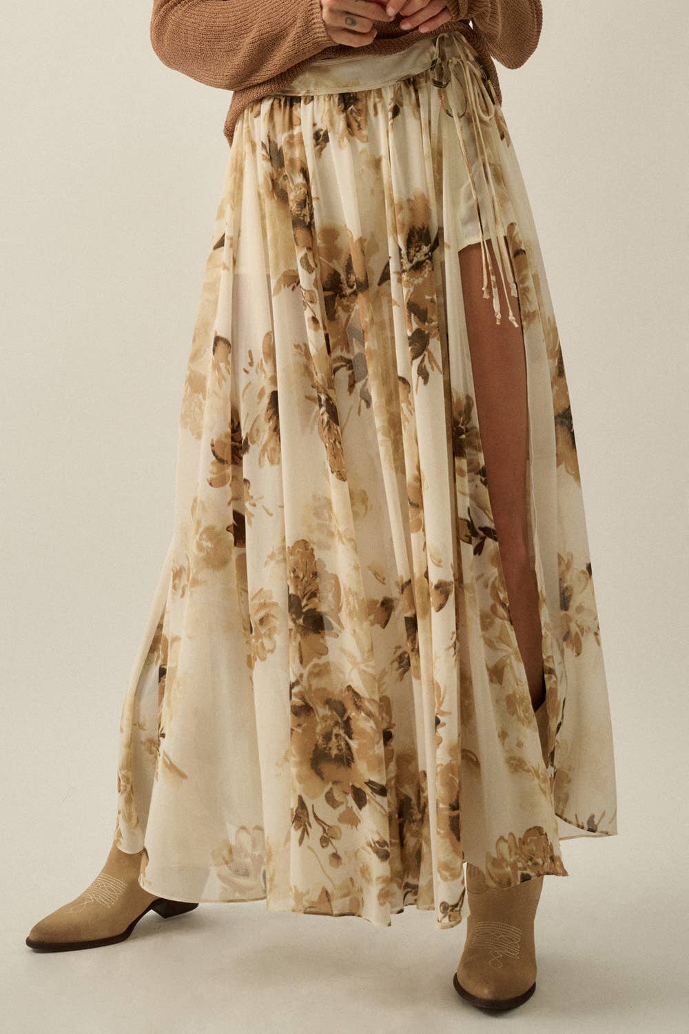 Floral-Print Chiffon Tie-Waist Maxi Skort: Retro Blue / M