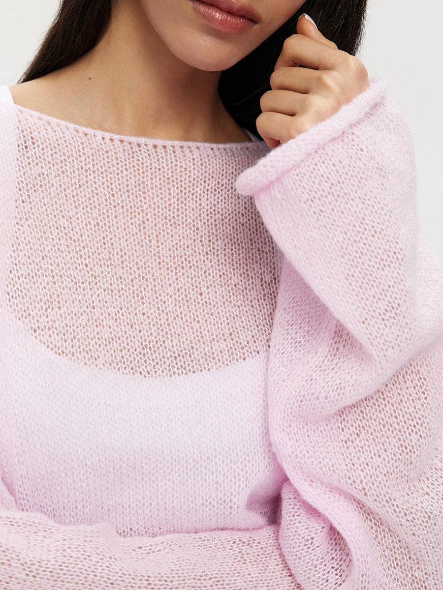 Ladies Solid Color Hollow Knit Top MY0106: Light Pink / L