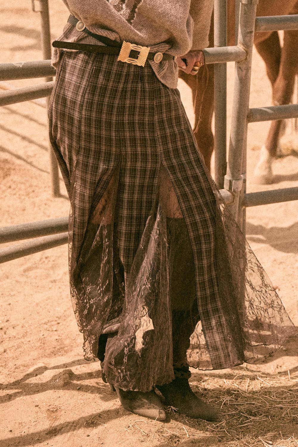 Plaid and Lace Godet Pleated A-Line High-Waist Maxi Skirt: Chocolate / M