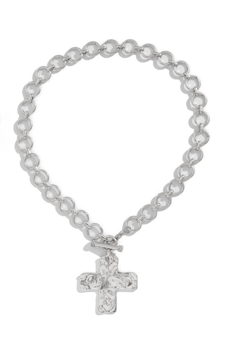 Chunky Chain Cross Pendant Necklace: SILVER / One Size