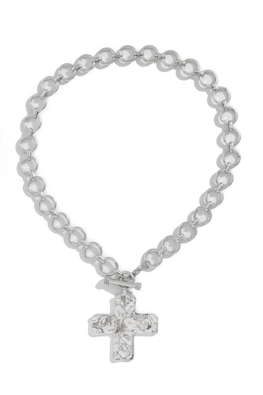 Chunky Chain Cross Pendant Necklace: SILVER / One Size