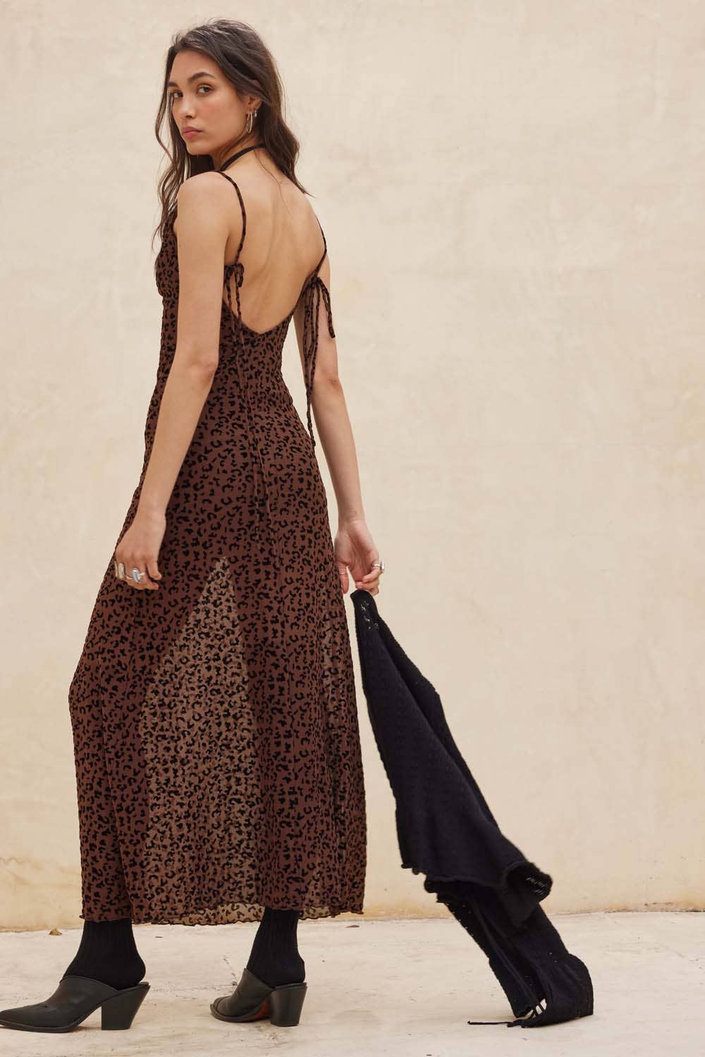 Flocked Leopard Mesh Cowl-Neck Maxi Dress: BURGUNDY / L