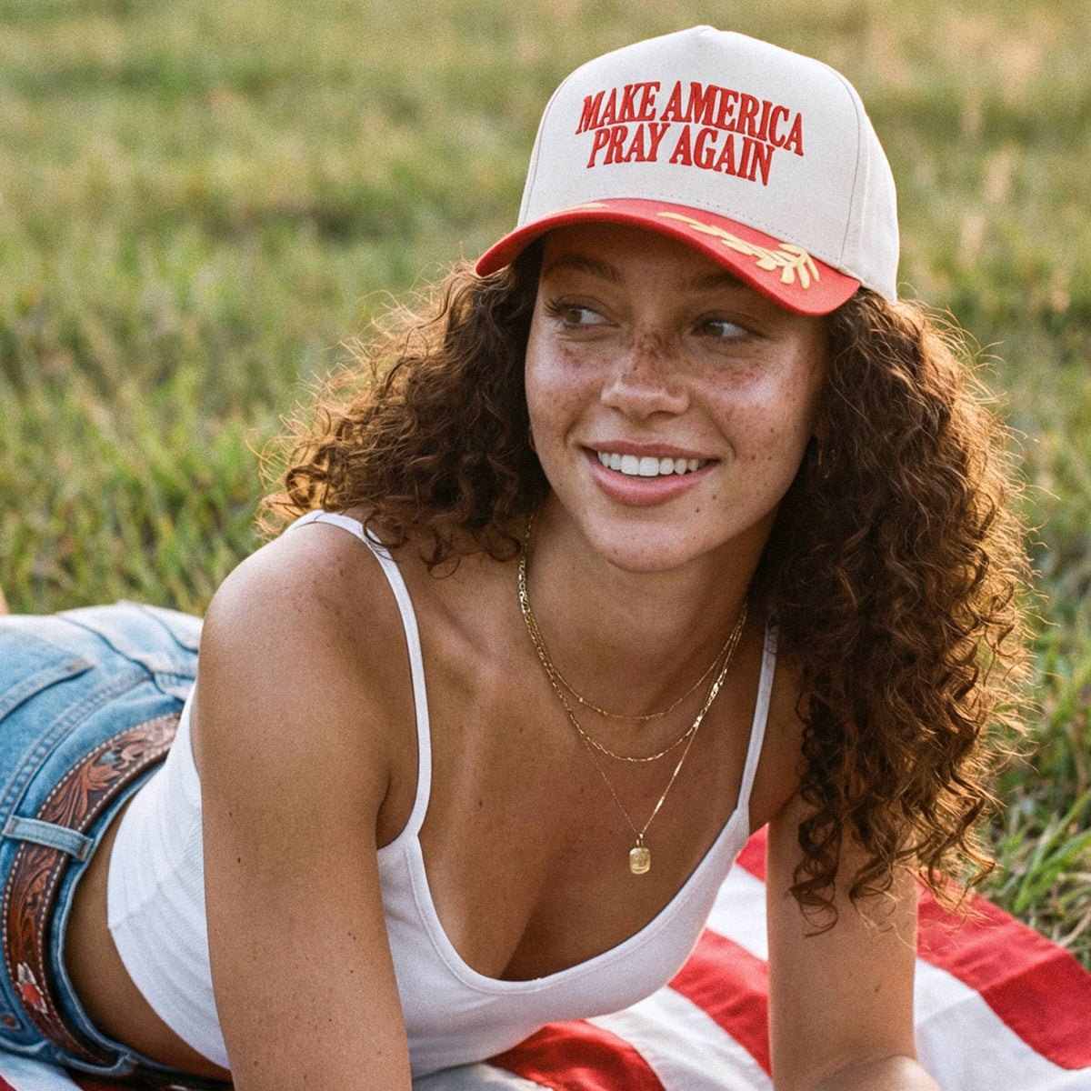 C.C MAKE AMERICA PRAY AGAIN Letter on Two Tone Trucker Hat: DKM
