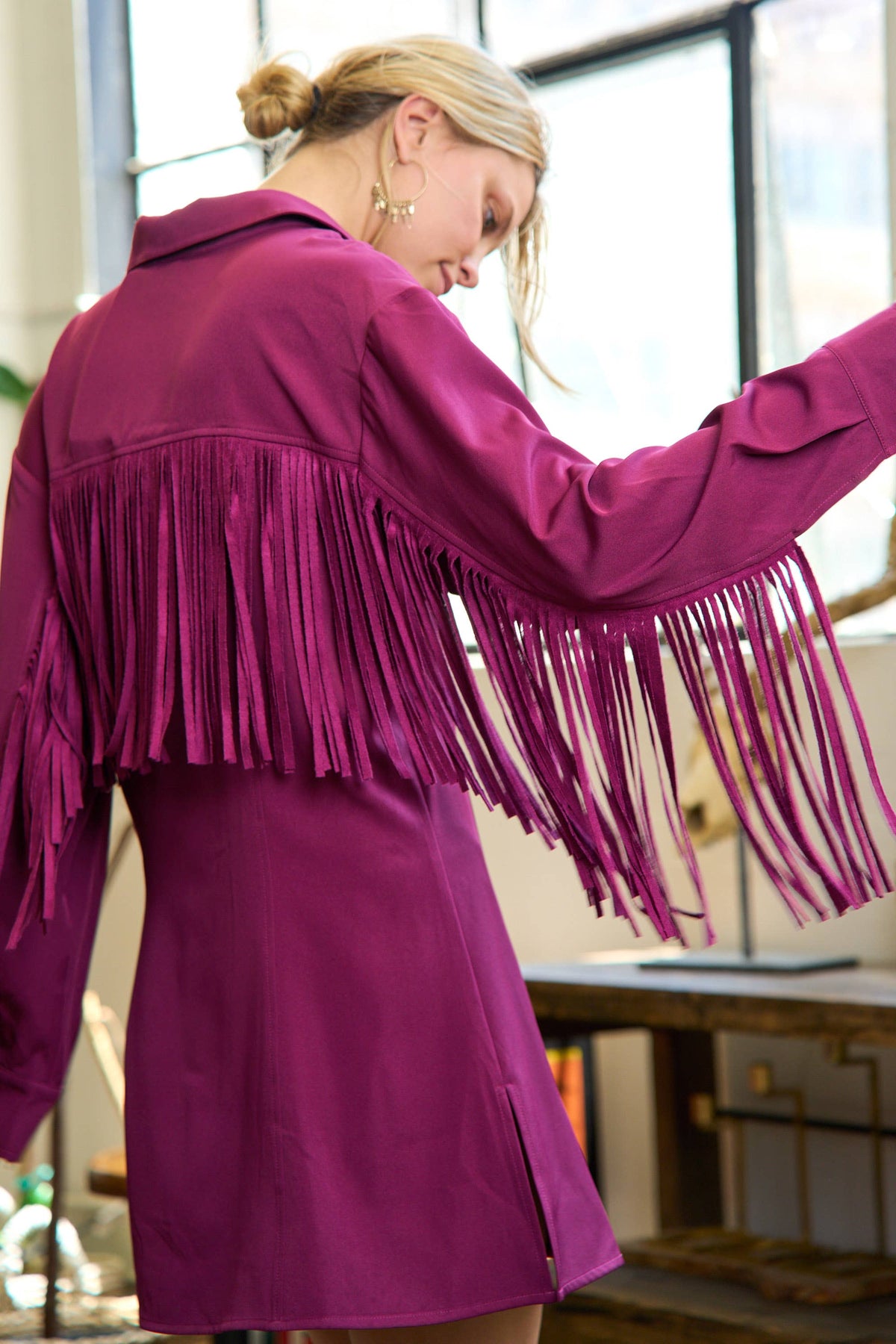 Western Fringe Trim Woven Shirt Dress JJD5017: NAVY / M