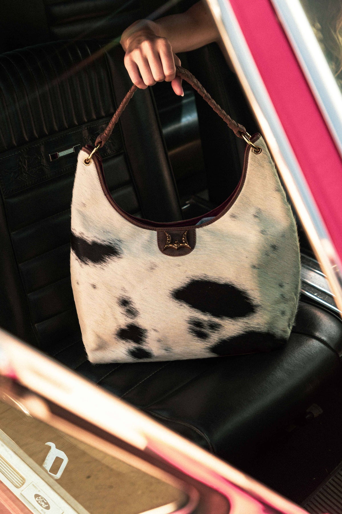 LW Large Purse - Black & White Cowhide With Oiled Ruby Leather: Black & White