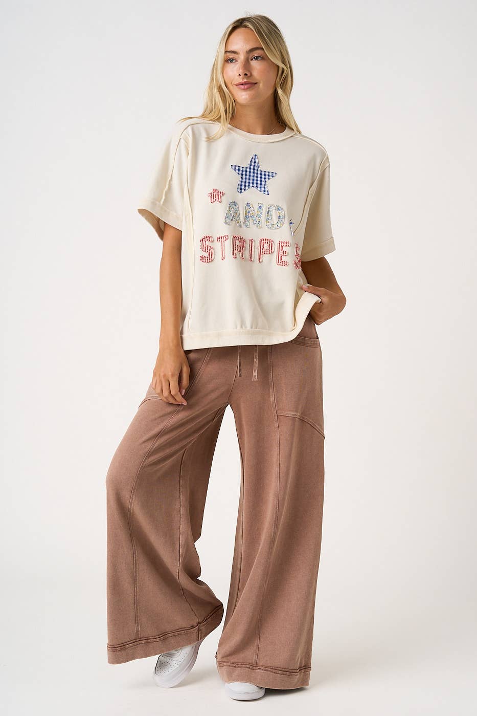 MINERAL WASH CURVED SEAM WIDE LEG PANTS: HAZELNUT / S-M-L(2-2-2)