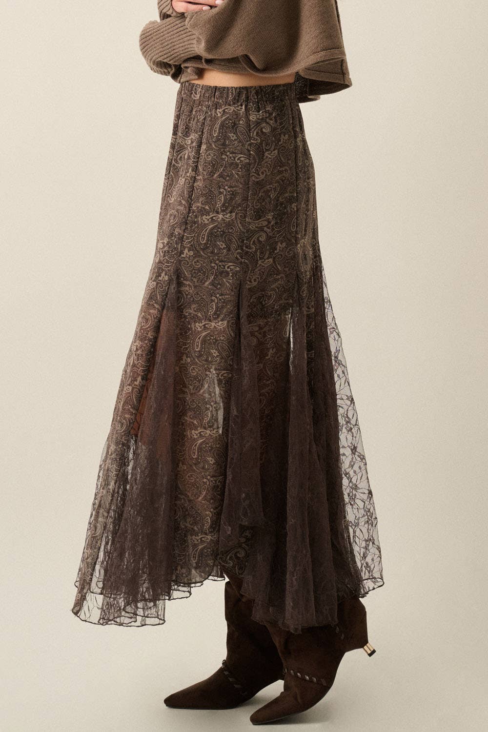 Paisley-Print Chiffon & Lace Elastic-Waist Godet Maxi Skirt: Espresso / S