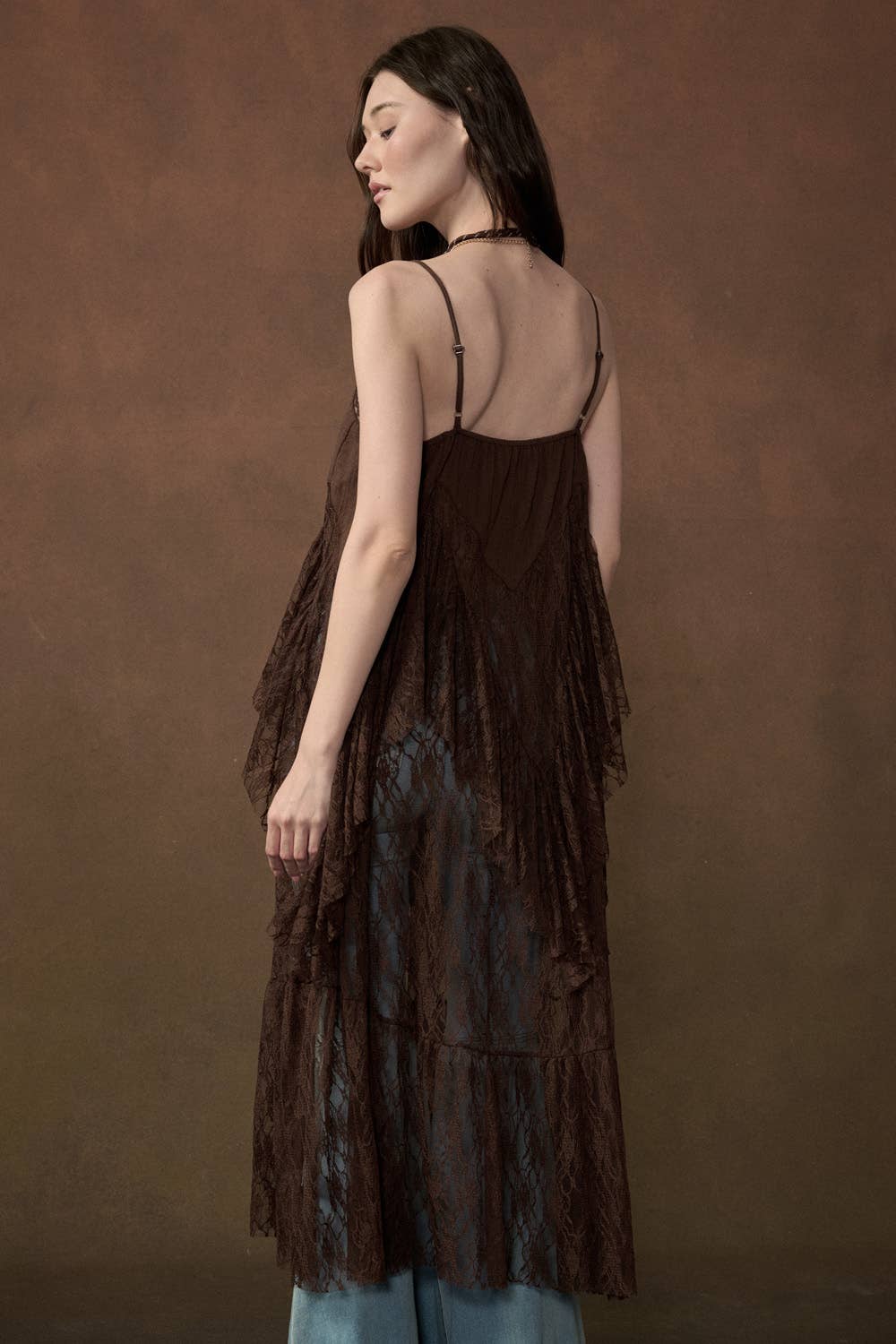 Ruffled Lace Flyaway Maxi Cami Top: Black / M