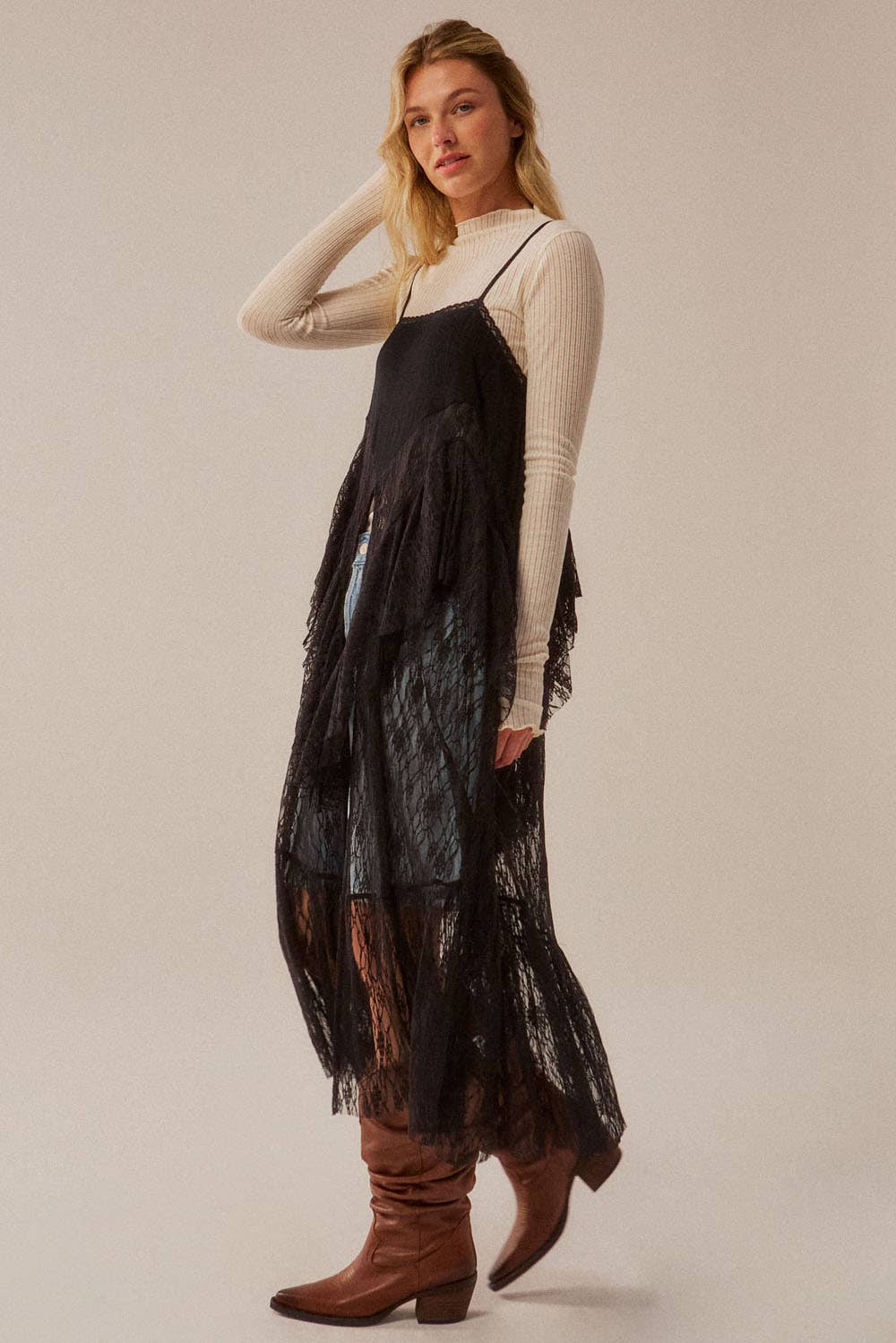 Ruffled Lace Flyaway Maxi Cami Top: Black / M