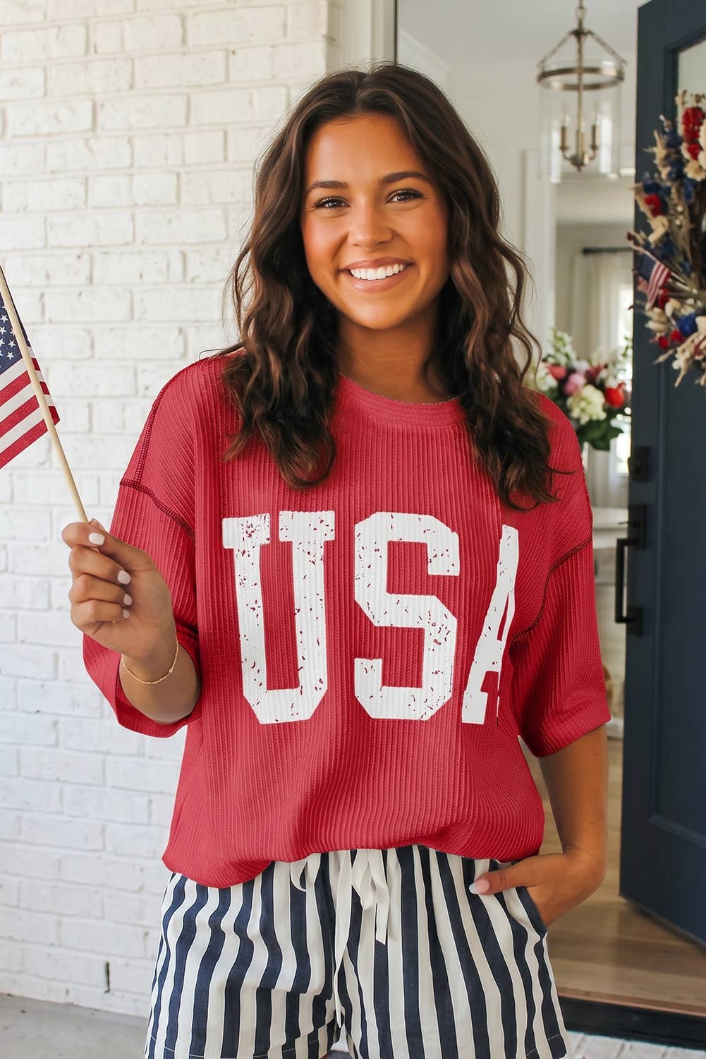 LAS USA Graphic Half Sleeve Loose Ribbed Top (S-XL): Fiery Red / Missy / M
