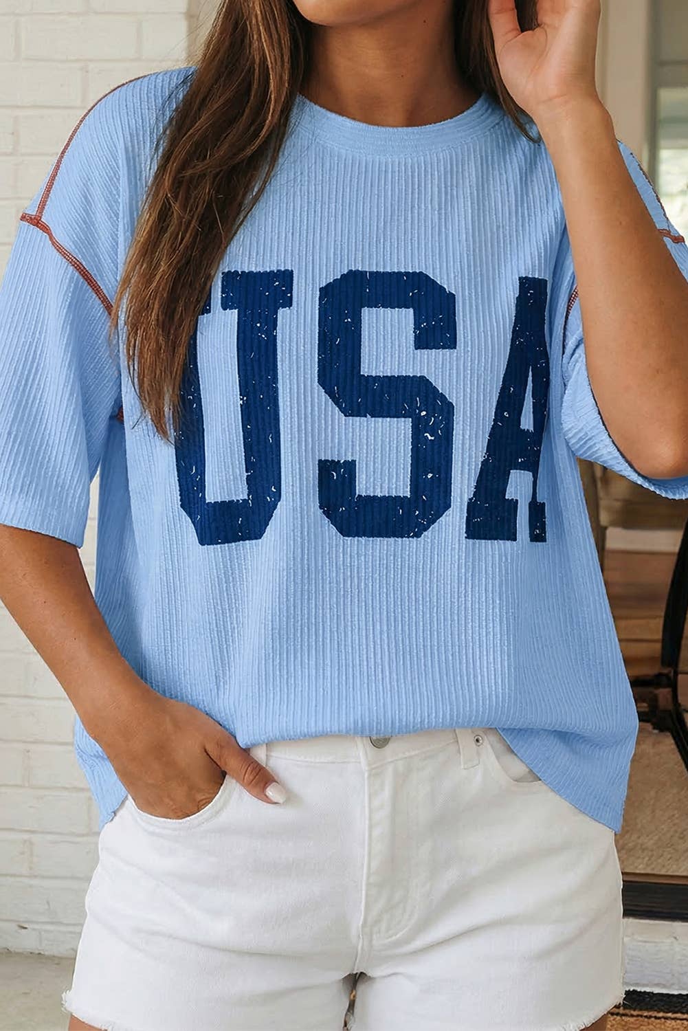 LAS USA Graphic Half Sleeve Loose Ribbed Top (S-XL): White / Missy / M
