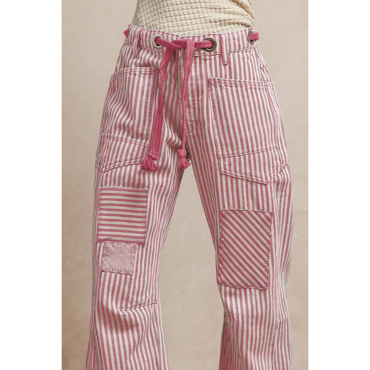 STRIPED TWILL BARREL PANTS: OATMEAL / S-M-L-XL(2-2-2-2)