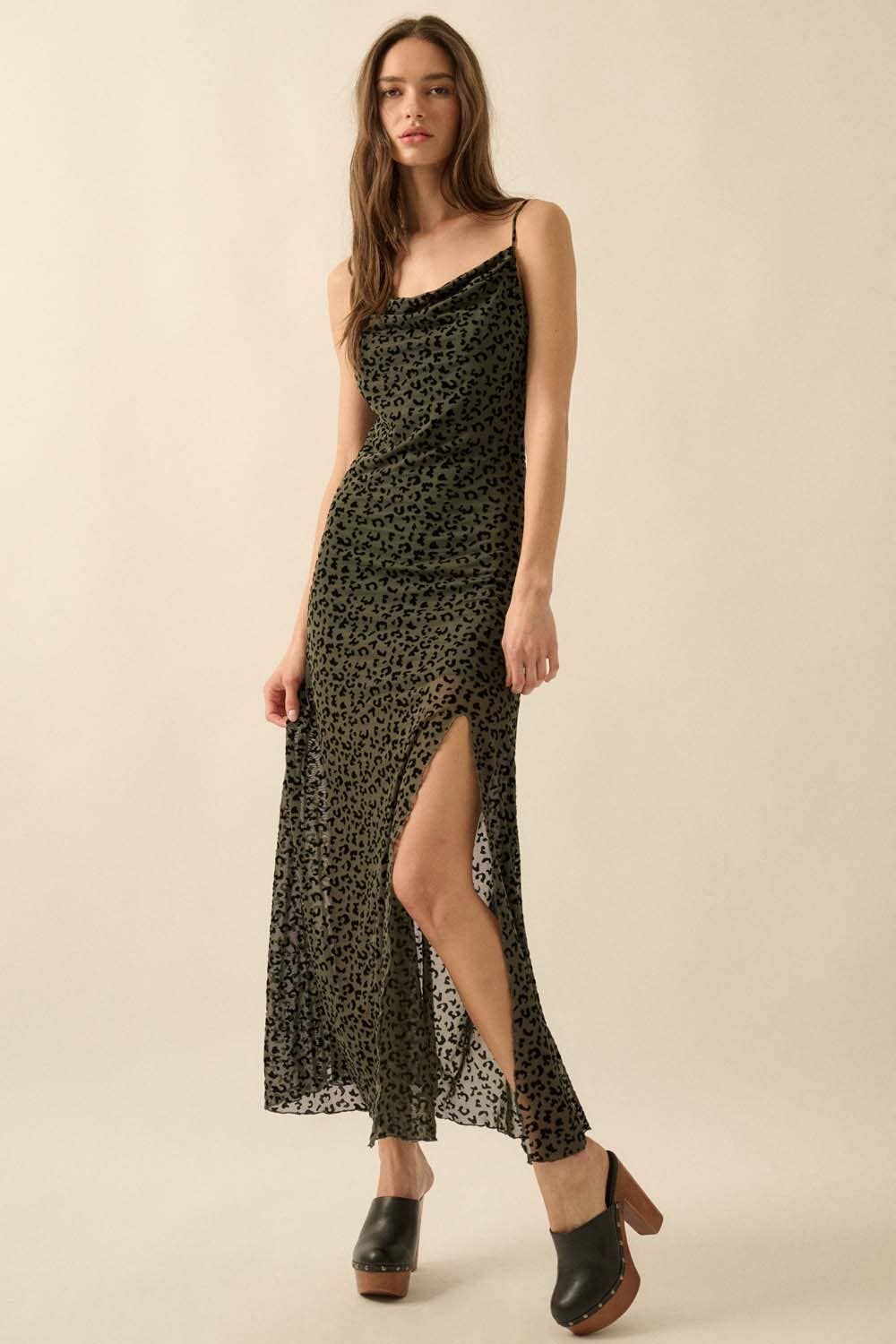 Flocked Leopard Mesh Cowl-Neck Maxi Dress: BURGUNDY / L