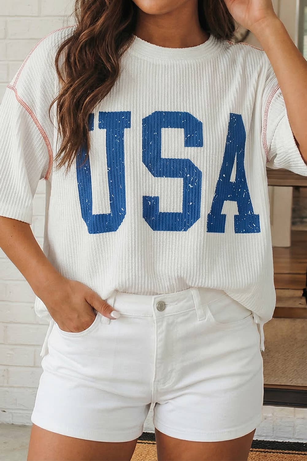 LAS USA Graphic Half Sleeve Loose Ribbed Top (S-XL): Fiery Red / Missy / XL
