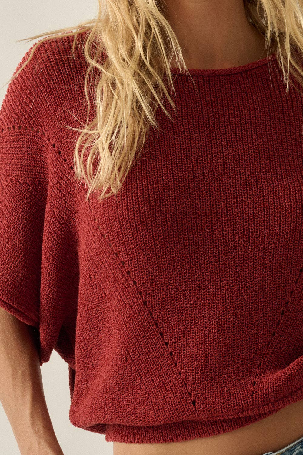 Short-Sleeve Pointelle Ribbed Knit Sweater: Mulberry / M