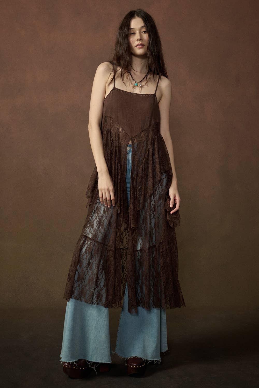 Ruffled Lace Flyaway Maxi Cami Top: Black / M