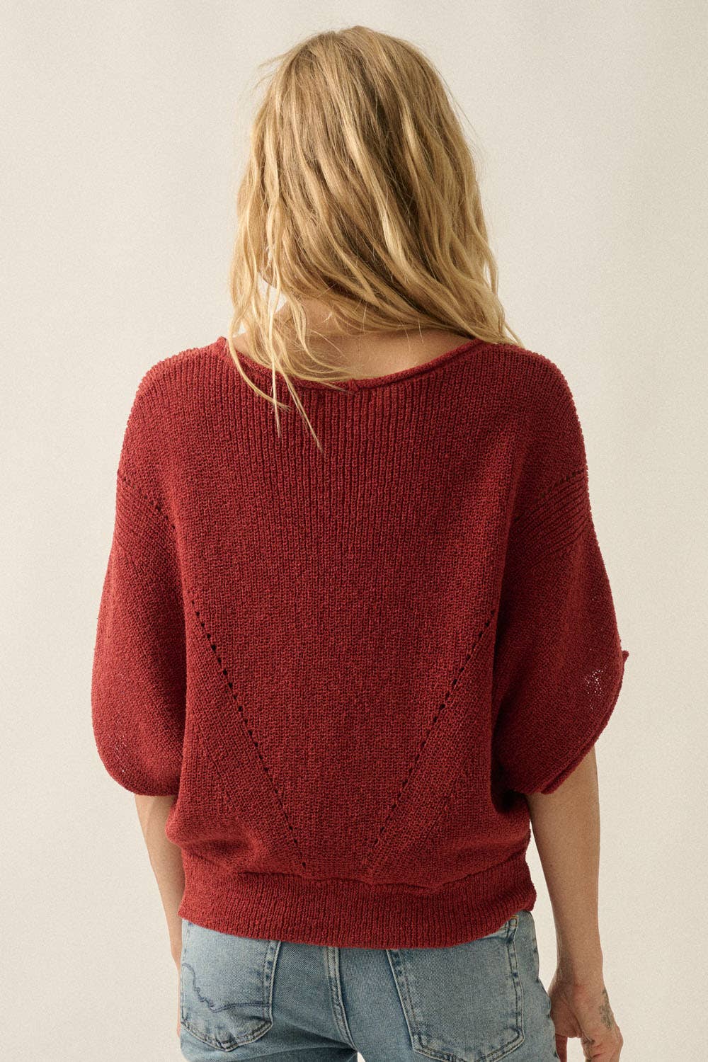 Short-Sleeve Pointelle Ribbed Knit Sweater: Mulberry / M