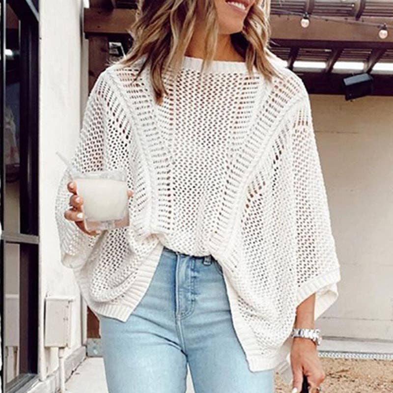 Ladies Bat Sleeves Hollow Out Knit Blouse 22065: White / M