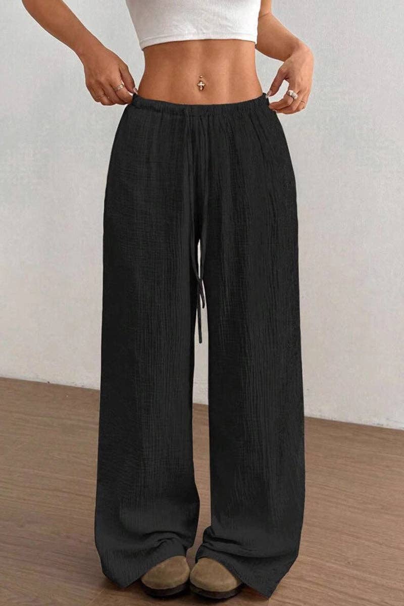 Relaxed Fit Wide-Leg Casual Pants: BLACK / M