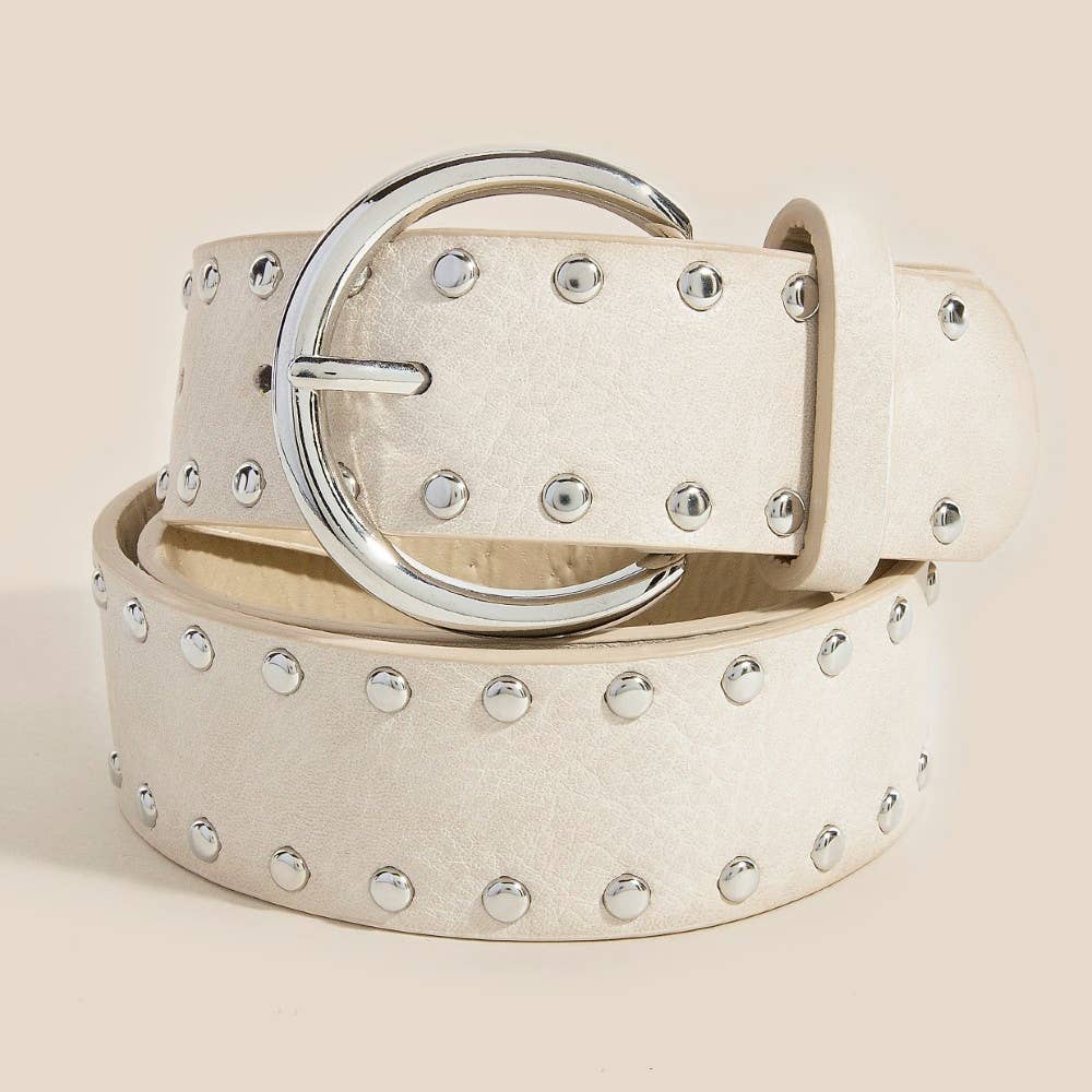 Metallic Studded Vegan Leather Belt: White