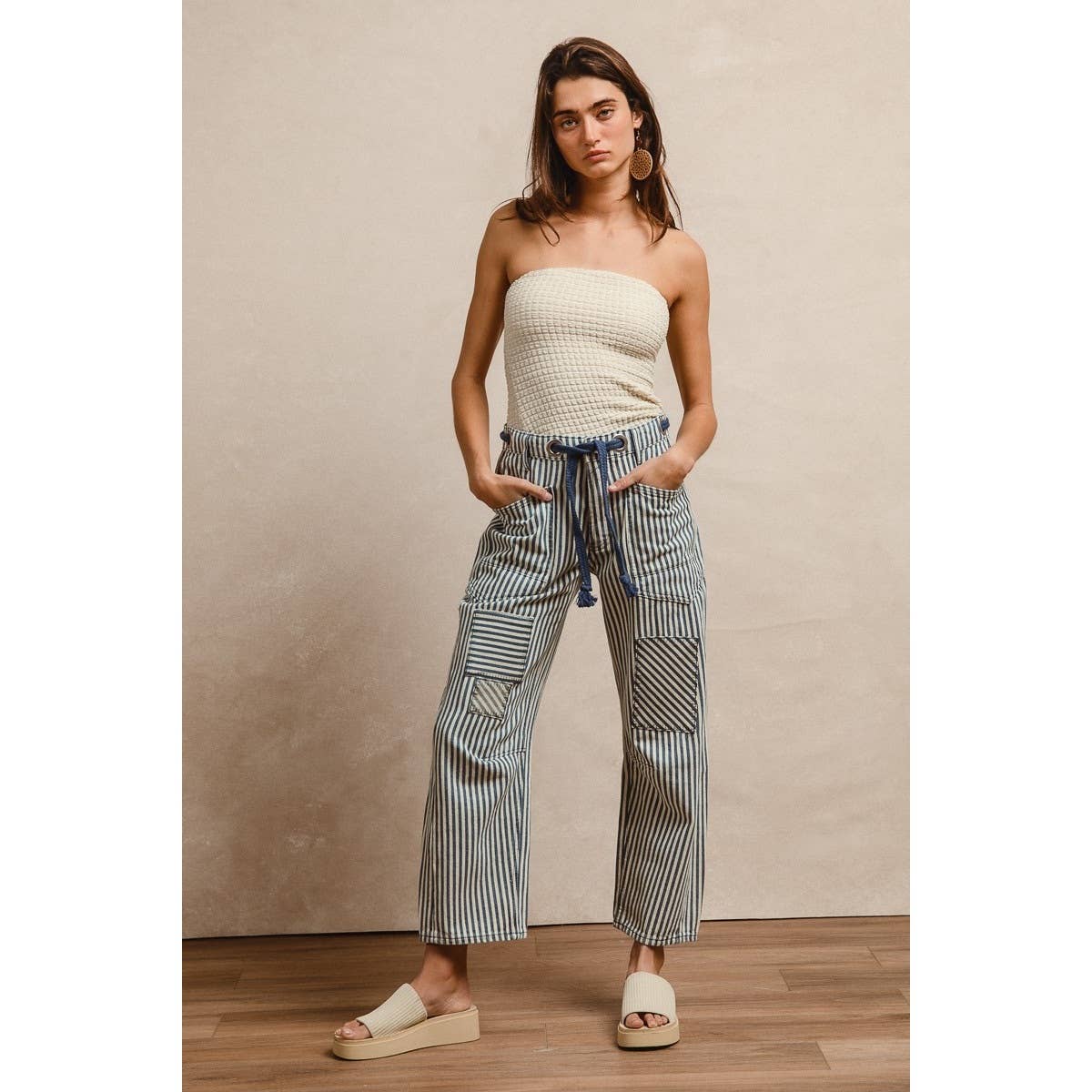 STRIPED TWILL BARREL PANTS: OATMEAL / S-M-L-XL(2-2-2-2)