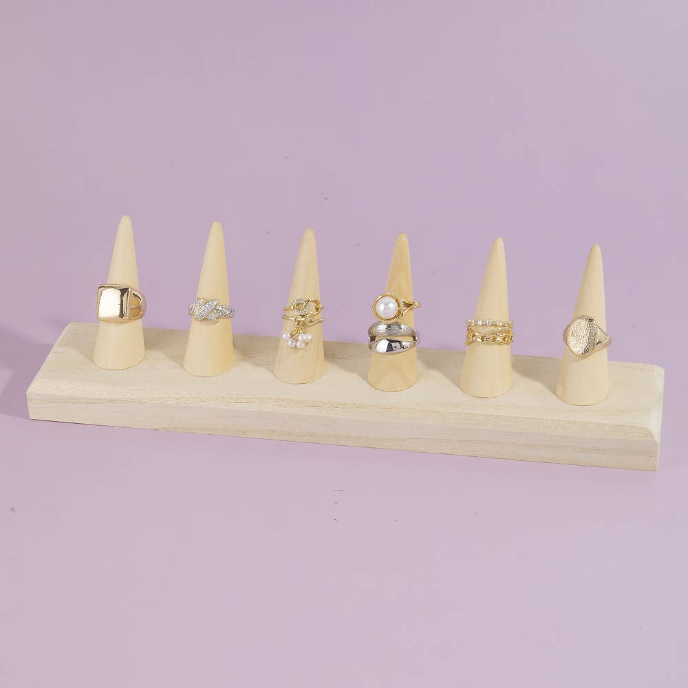 Natural Wood Six Finger Ring Cone Display Stand: WOOD