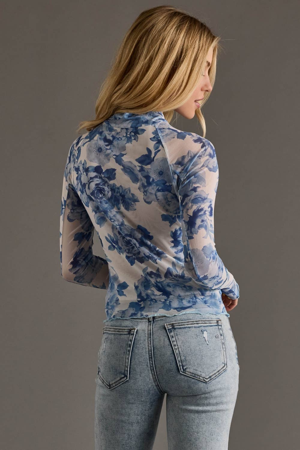 Blue & White Floral Mesh Top