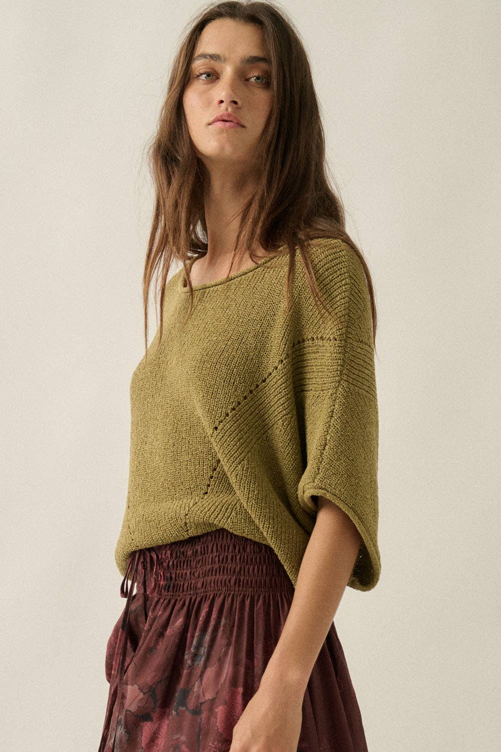 Short-Sleeve Pointelle Ribbed Knit Sweater: Mulberry / M