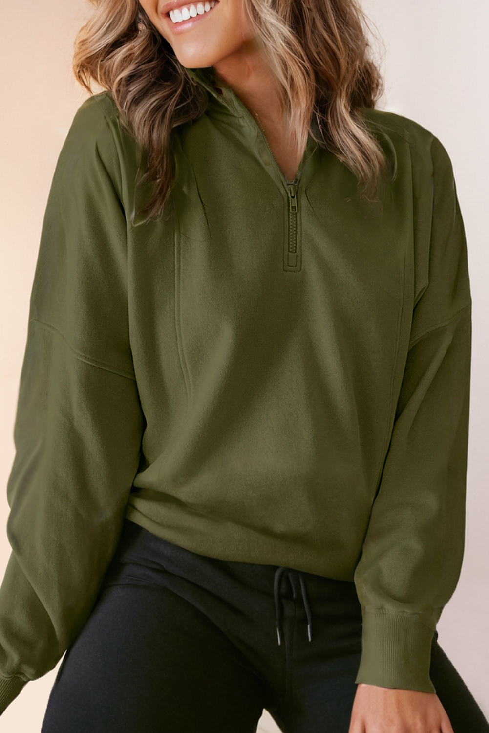Womens Half Zipped Neck Pullover Drop Shoulder Sweatshirt: White / Missy / M