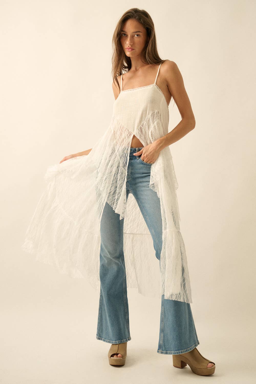Ruffled Lace Flyaway Maxi Cami Top: Cream / M