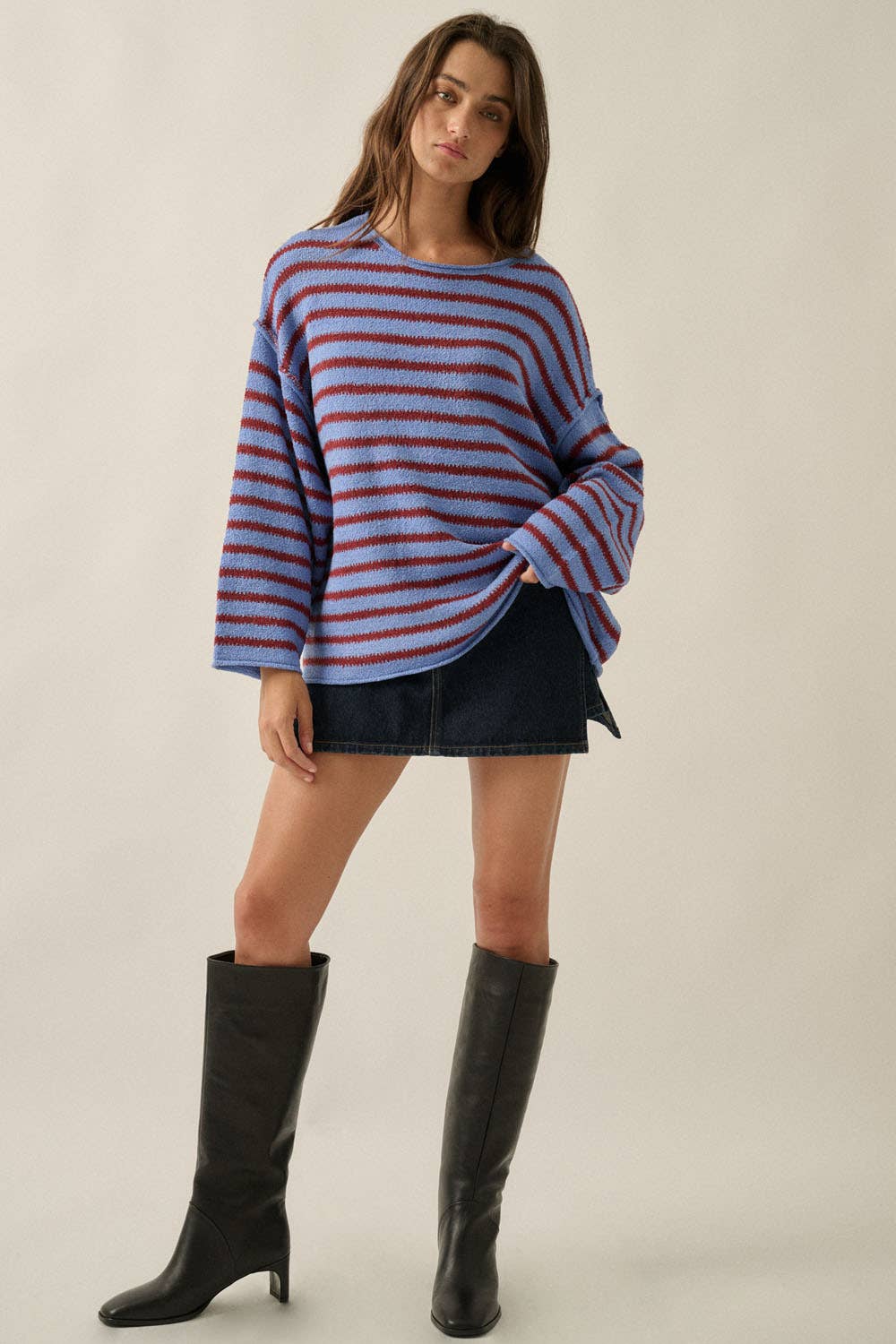 Striped Textured Knit Oversized Sweater: Choco-Blue / S