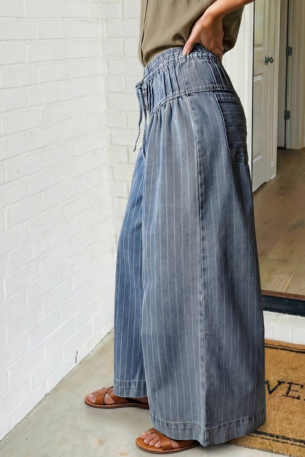 LAS Button Pleated Drawstring Striped  Wide Leg Jeans (S-XL): Sky Blue Stripe / Missy / 12