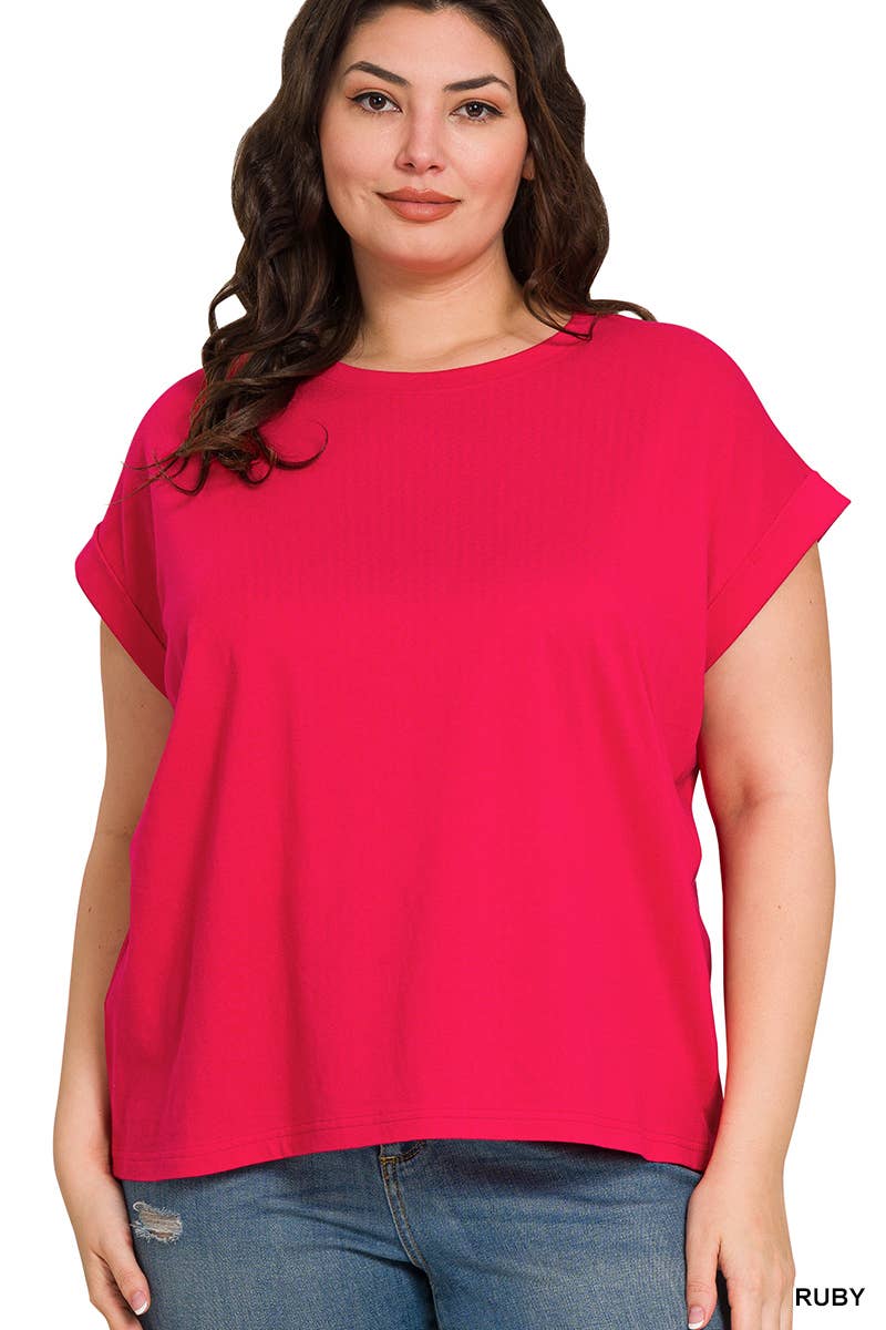 ,..._ Plus size Cotton Folded Sleeve T Shirt: +WHITE-173980 / 2X