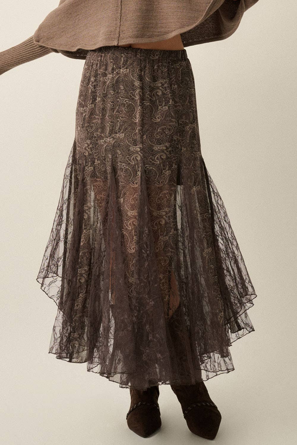 Paisley-Print Chiffon & Lace Elastic-Waist Godet Maxi Skirt: Espresso / L