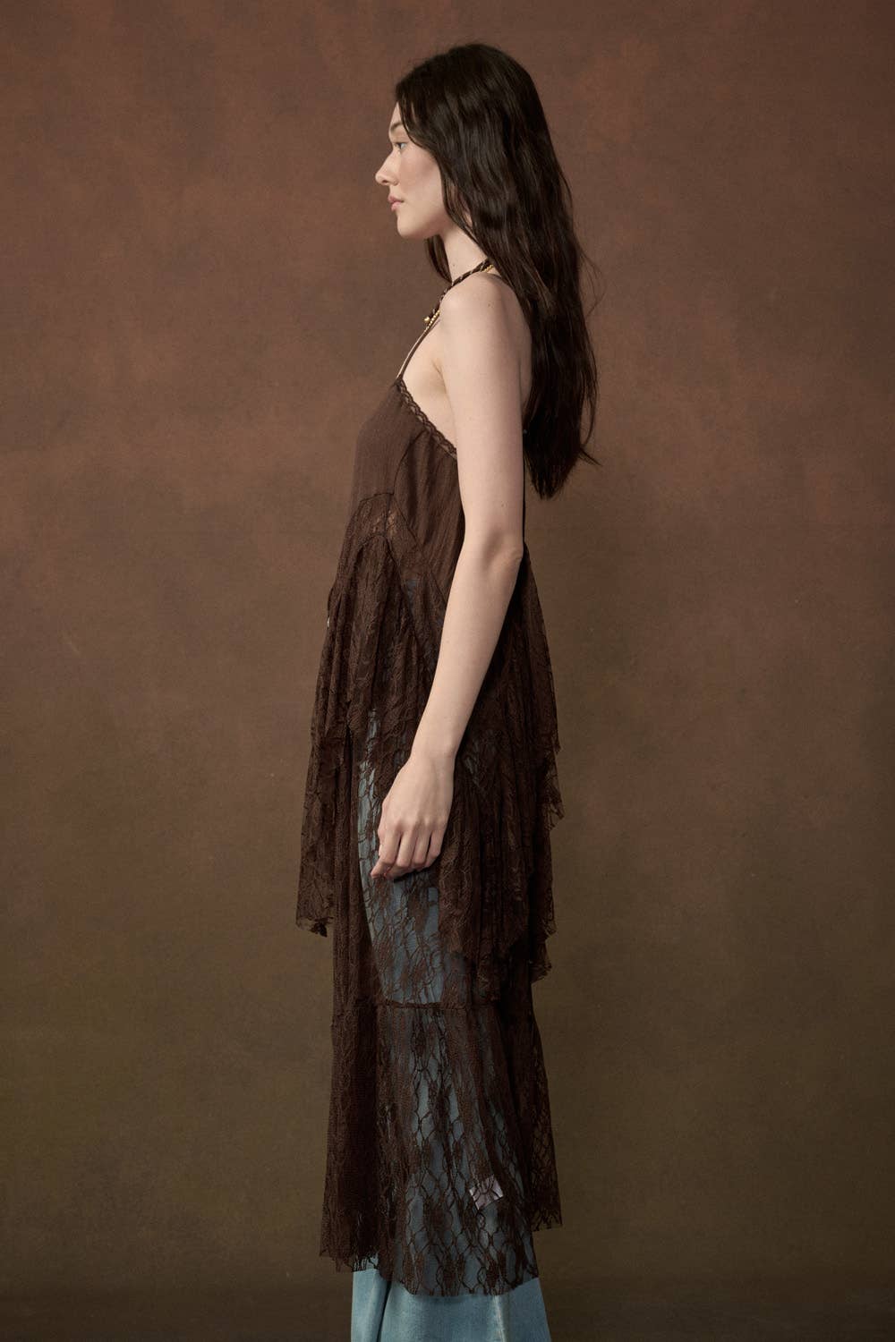 Ruffled Lace Flyaway Maxi Cami Top: Cream / M