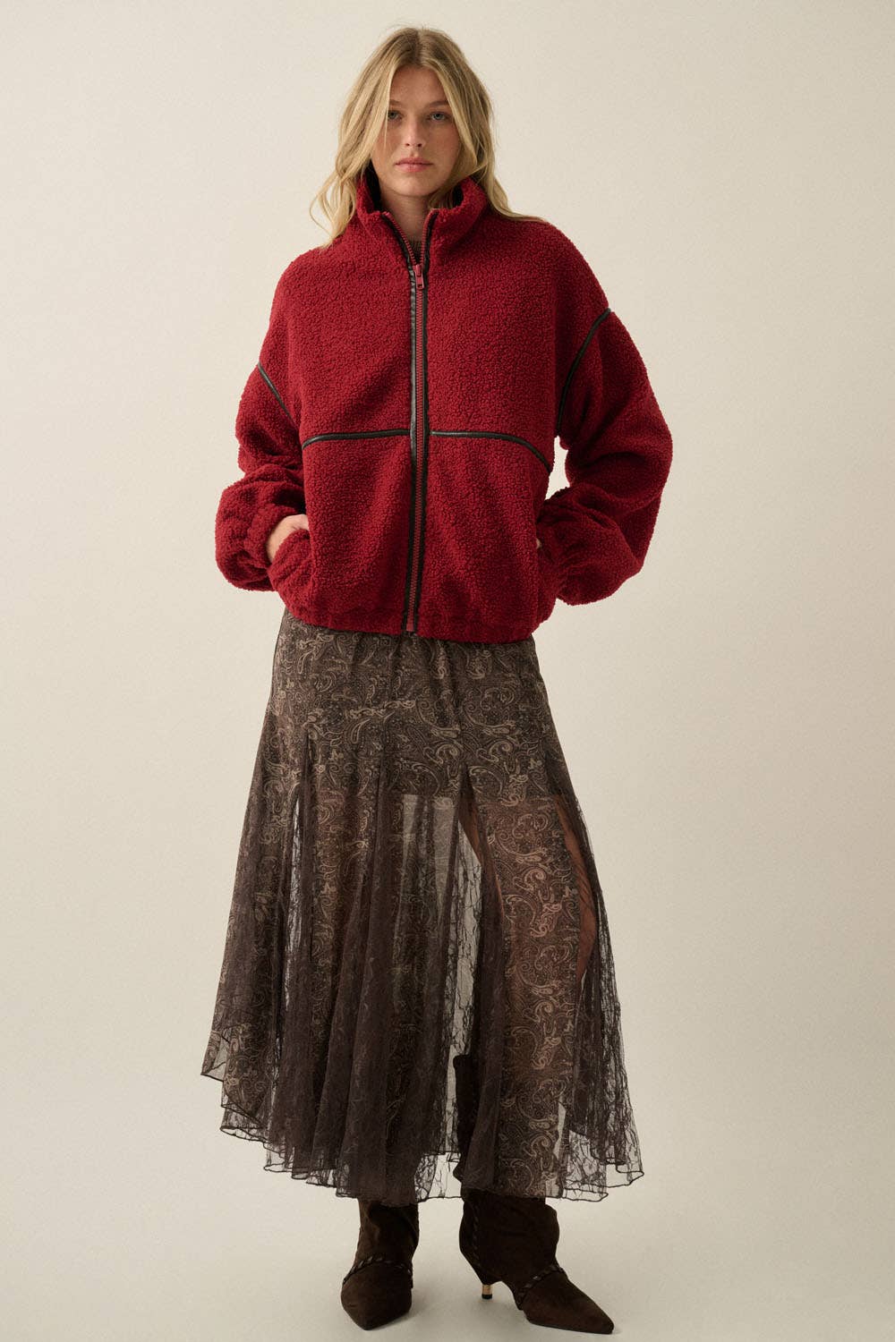Paisley-Print Chiffon & Lace Elastic-Waist Godet Maxi Skirt: Espresso / L