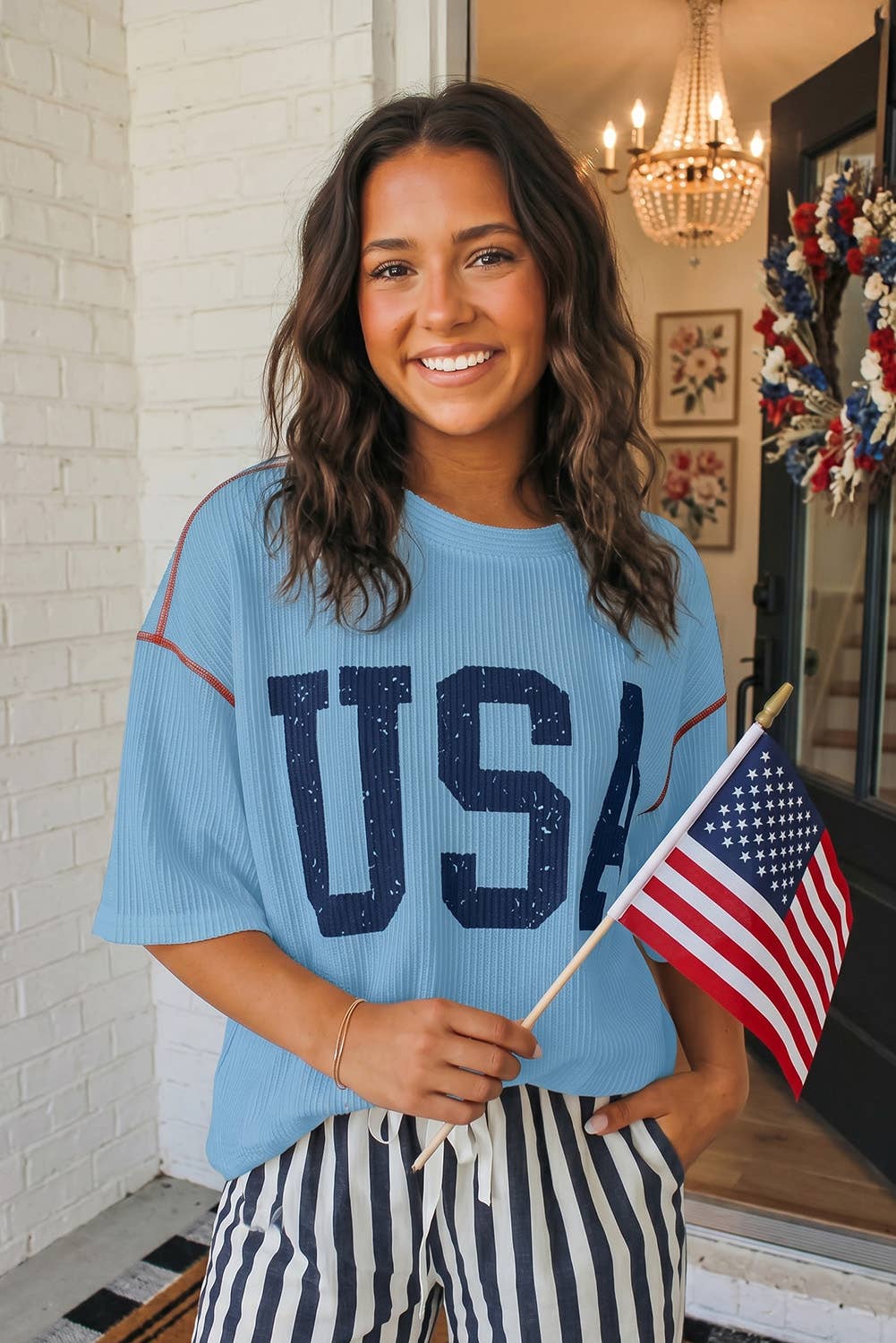 LAS USA Graphic Half Sleeve Loose Ribbed Top (S-XL): White / Missy / L