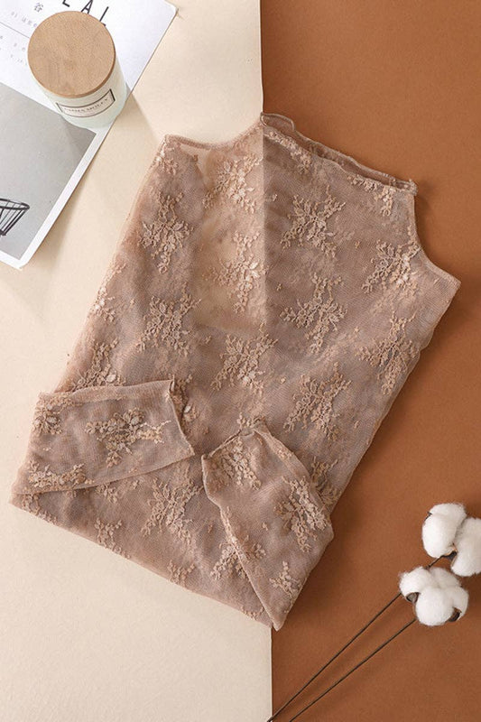 Elegant Lace Sheer T-Shirt: COFFEE / M