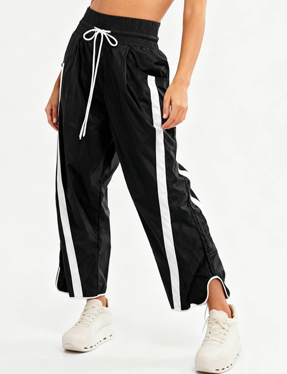 Ladies Color Block Striped Elastic Tie Waist Wide Leg Pants: Black / XXL