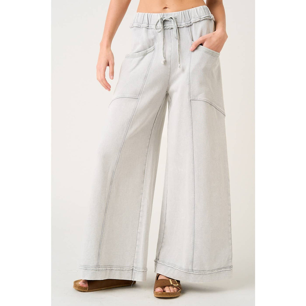 MINERAL WASH CURVED SEAM WIDE LEG PANTS: HAZELNUT / S-M-L(2-2-2)
