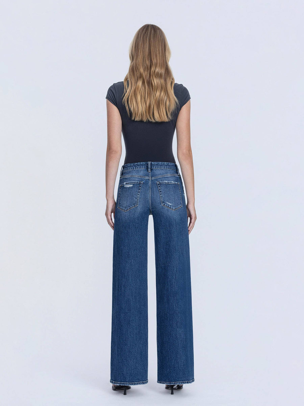 HIGH RISE DARK SEAMLESS WAISTBAND WIDE LEG JEANS T7148: NICEST / 29