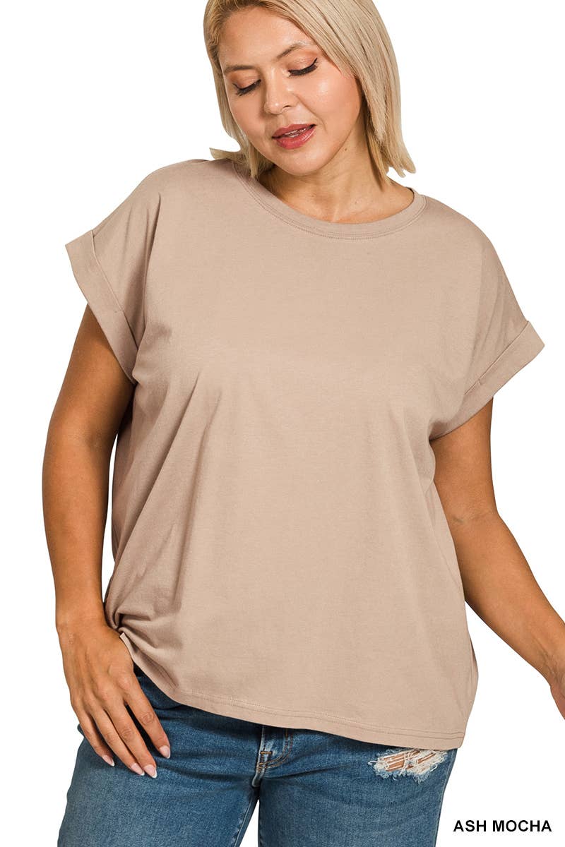 ,..._ Plus size Cotton Folded Sleeve T Shirt: +WHITE-173980 / 2X