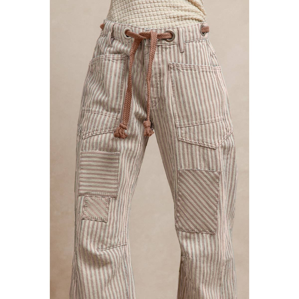 STRIPED TWILL BARREL PANTS: OATMEAL / S-M-L-XL(2-2-2-2)