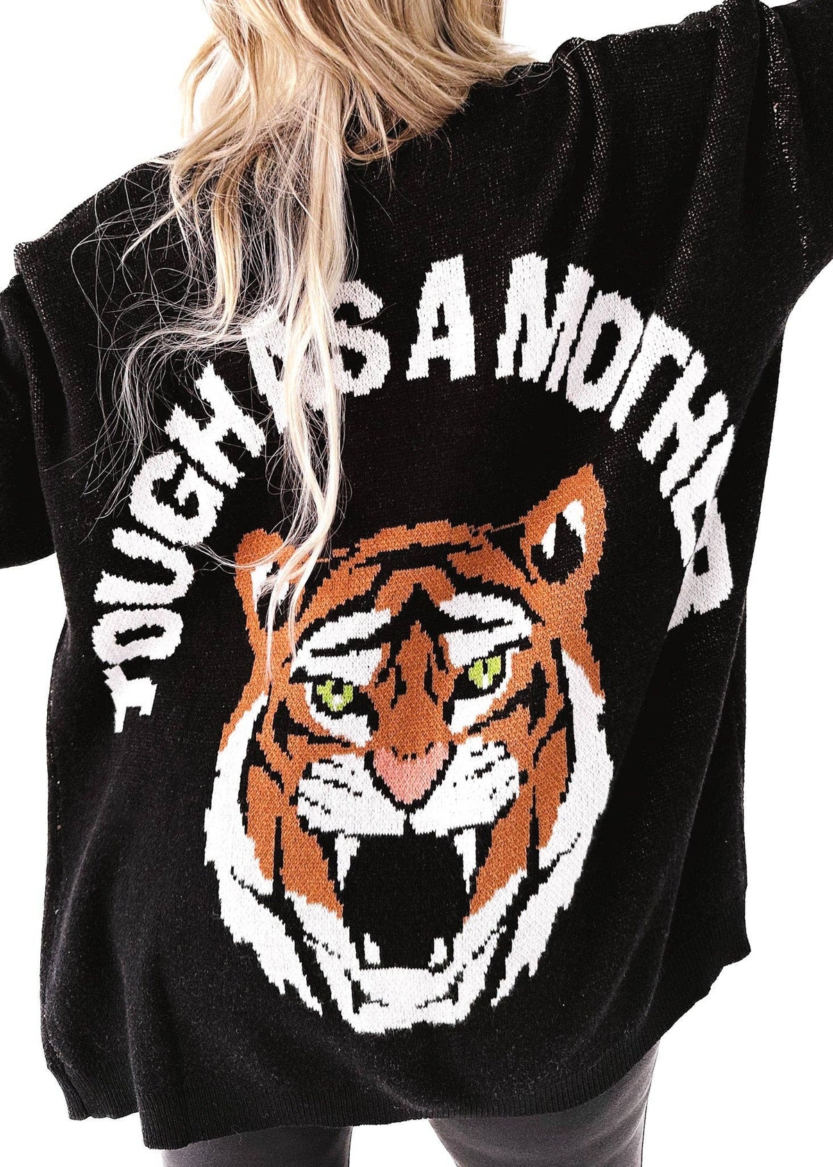 TOUGH AS A MOTHER CARDIGAN: Black / L/XL