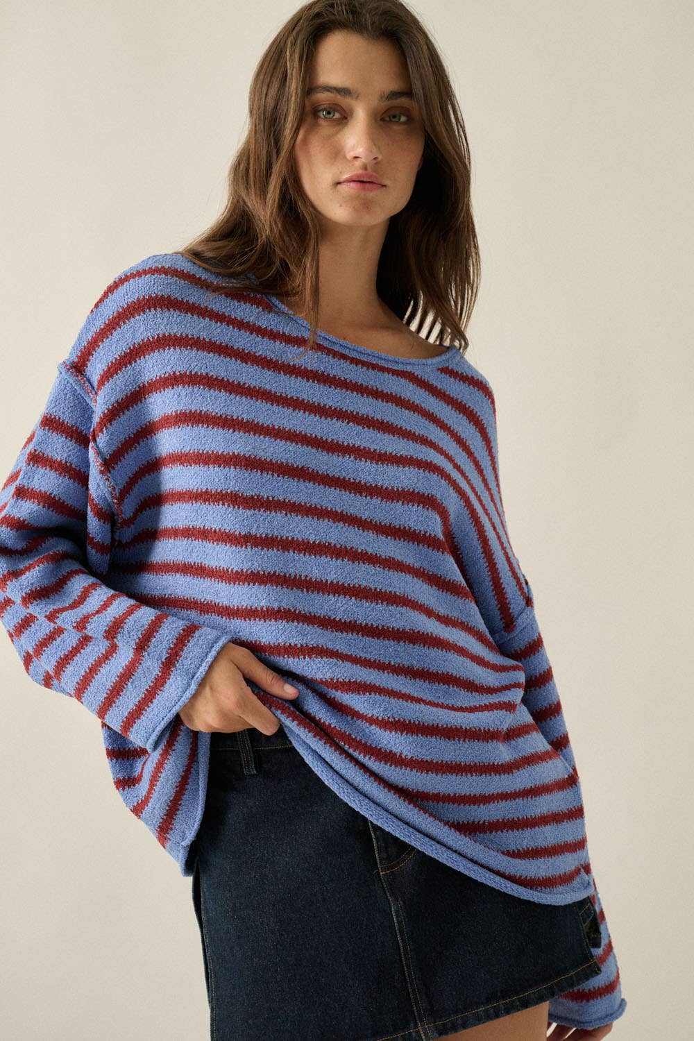 Striped Textured Knit Oversized Sweater: Choco-Blue / L