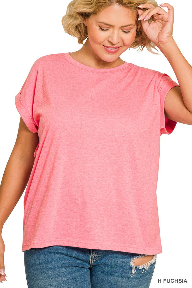 ,..._ Plus size Cotton Folded Sleeve T Shirt: +WHITE-173980 / 3X